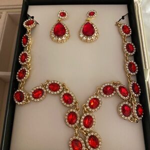 Gold-Tone Red Crystal Necklace & Earring Set